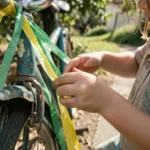 Mãos de uma criança decorando uma bicicleta com cores verde e amarelo