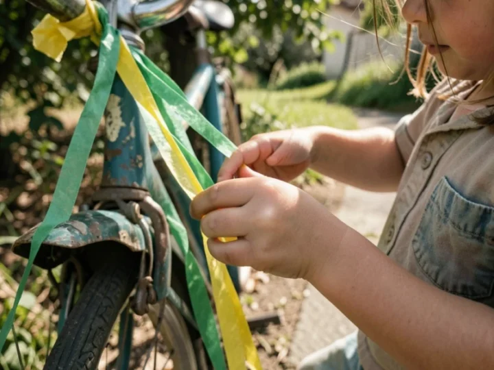 Mãos de uma criança decorando uma bicicleta com cores verde e amarelo