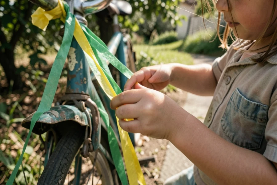 Mãos de uma criança decorando uma bicicleta com cores verde e amarelo