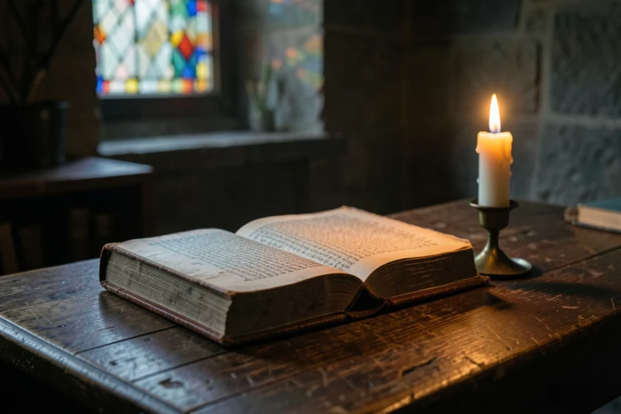 Livro antigo de espiritualidade ao lado de uma vela acesa.