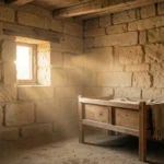 Interior de uma casa de pedra antiga na Judeia ao amanhecer com luz solar suave.