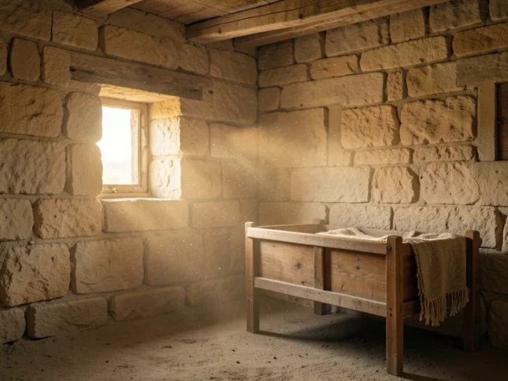 Interior de uma casa de pedra antiga na Judeia ao amanhecer com luz solar suave.