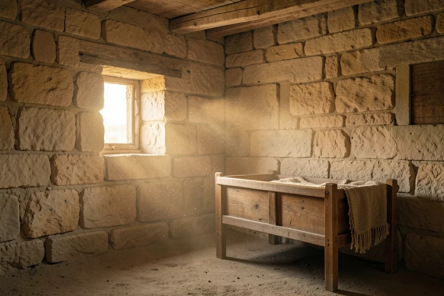 Interior de uma casa de pedra antiga na Judeia ao amanhecer com luz solar suave.