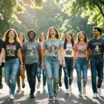 Grupo de jovens de 18 a 24 anos caminhando alegremente em um parque ensolarado, representando o movimento da juventude.