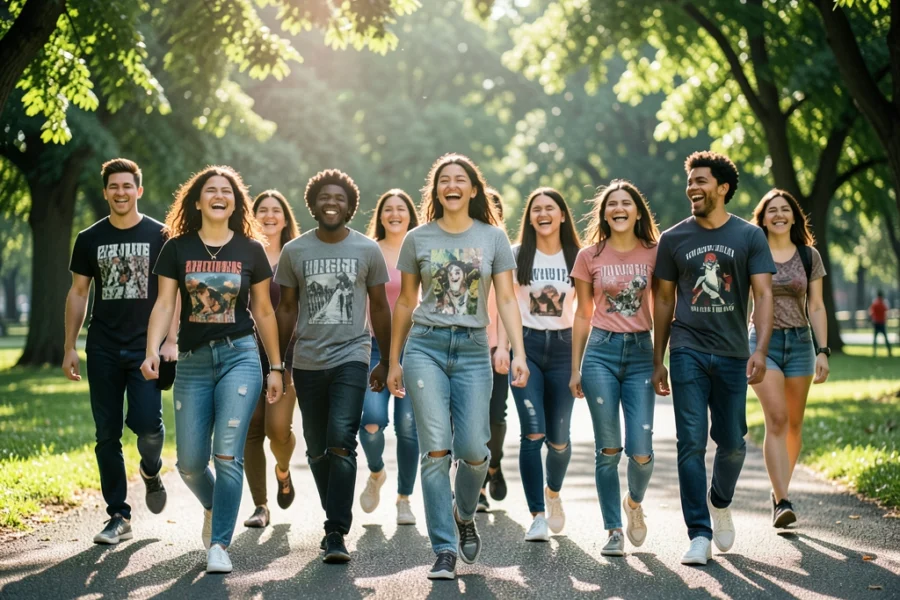 Grupo de jovens de 18 a 24 anos caminhando alegremente em um parque ensolarado, representando o movimento da juventude.