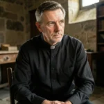 Close de um padre jovem e sereno em uma sacristia histórica com iluminação natural.