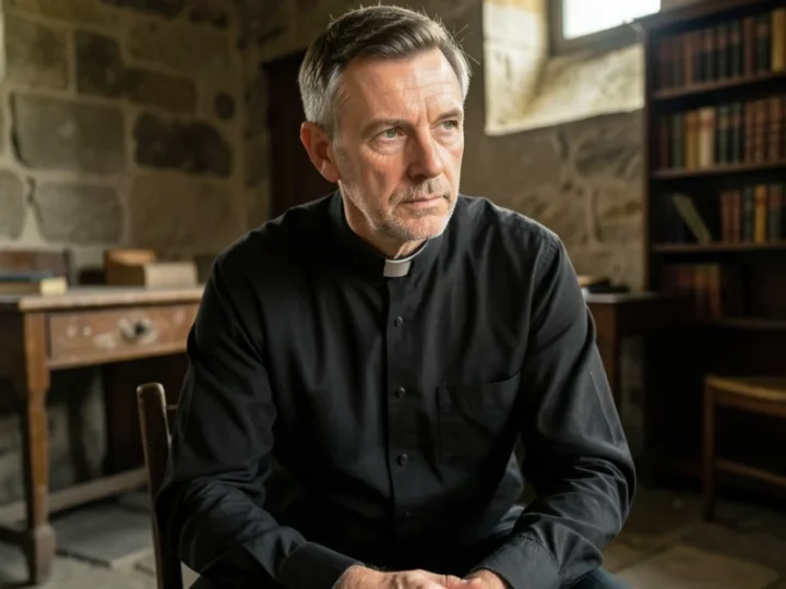 Close de um padre jovem e sereno em uma sacristia histórica com iluminação natural.