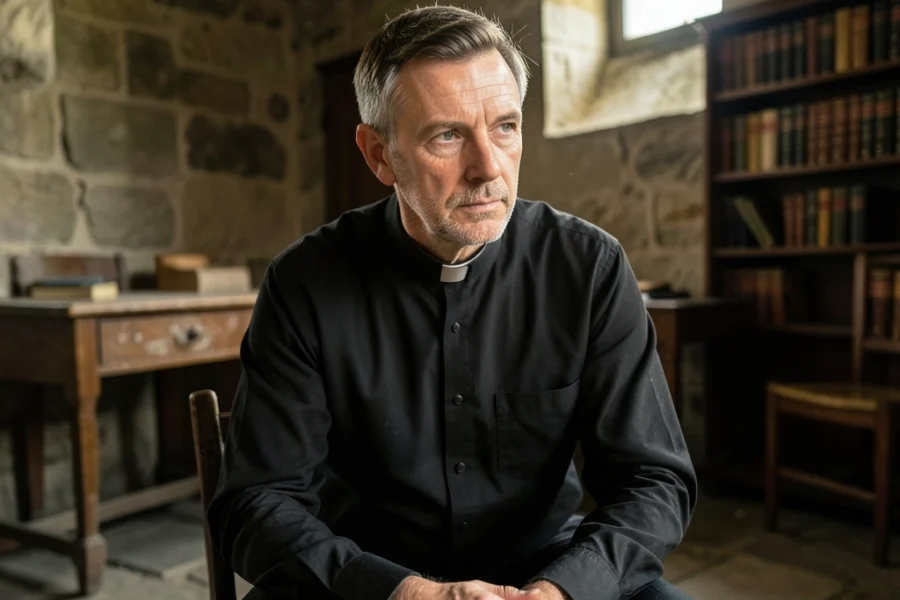 Close de um padre jovem e sereno em uma sacristia histórica com iluminação natural.